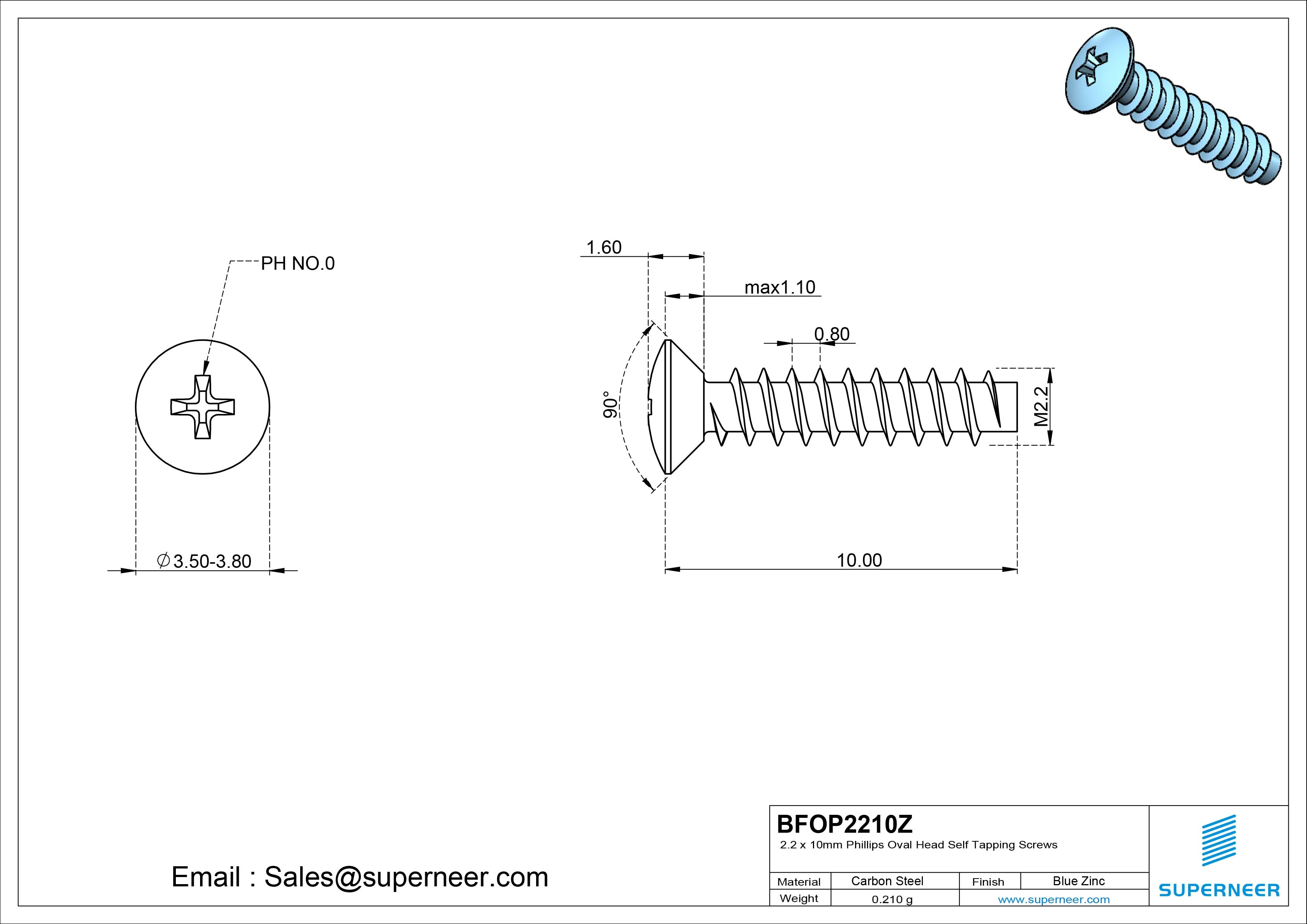 2.2 x 10mm Phillips Oval Head Self Tapping Screws Steel Blue Zinc Plated