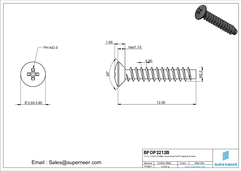 2.2 x 12mm Phillips Oval Head Self Tapping Screws Steel Black Zinc Plated