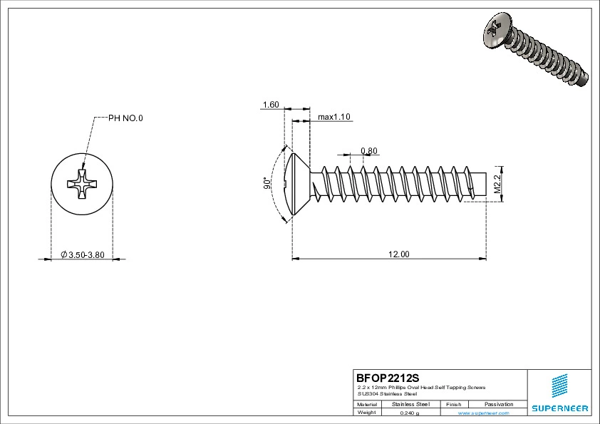 2.2 x 12mm Phillips Oval Head Self Tapping Screws SUS304 Stainless Steel Inox