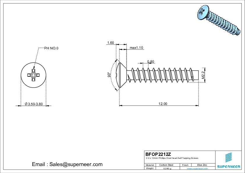 2.2 x 12mm Phillips Oval Head Self Tapping Screws Steel Blue Zinc Plated