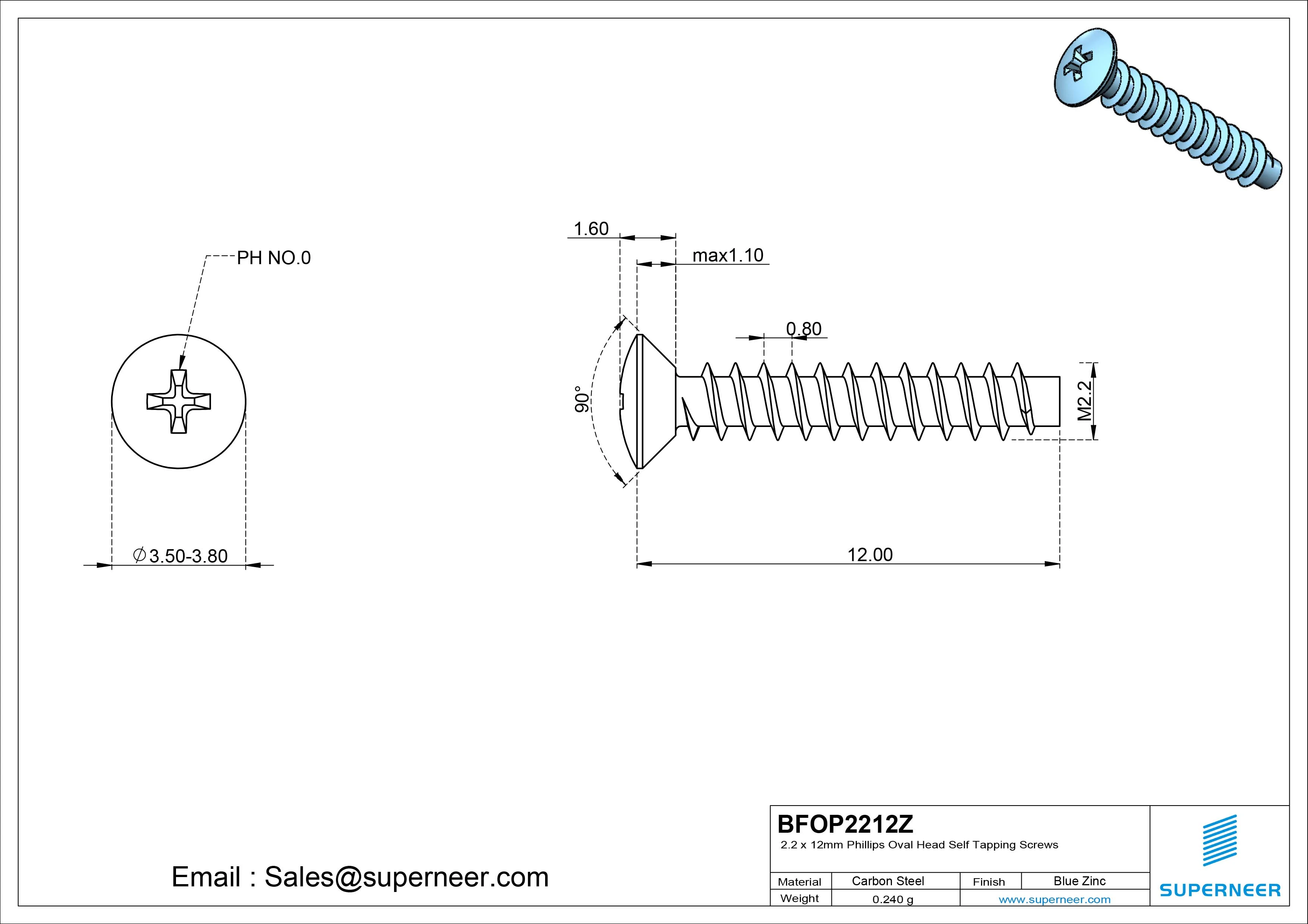 2.2 x 12mm Phillips Oval Head Self Tapping Screws Steel Blue Zinc Plated