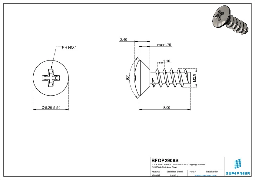 2.9 x 8mm Phillips Oval Head Self Tapping Screws SUS304 Stainless Steel Inox