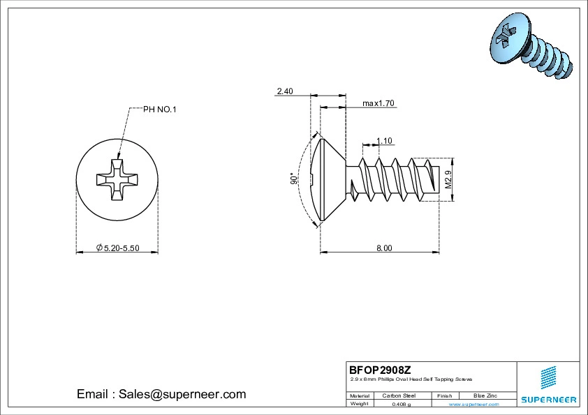 2.9 x 8mm Phillips Oval Head Self Tapping Screws Steel Blue Zinc Plated