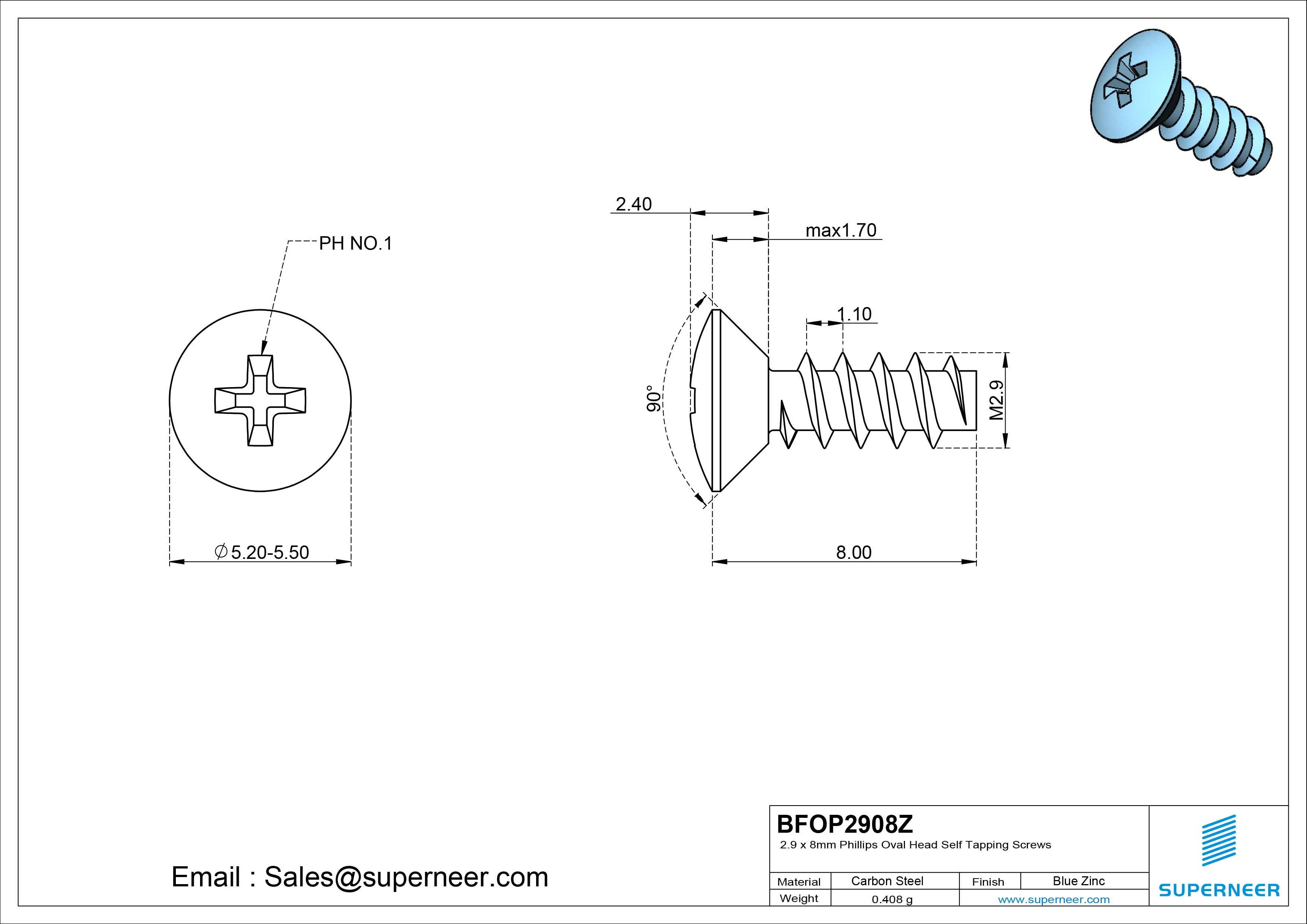 2.9 x 8mm Phillips Oval Head Self Tapping Screws Steel Blue Zinc Plated