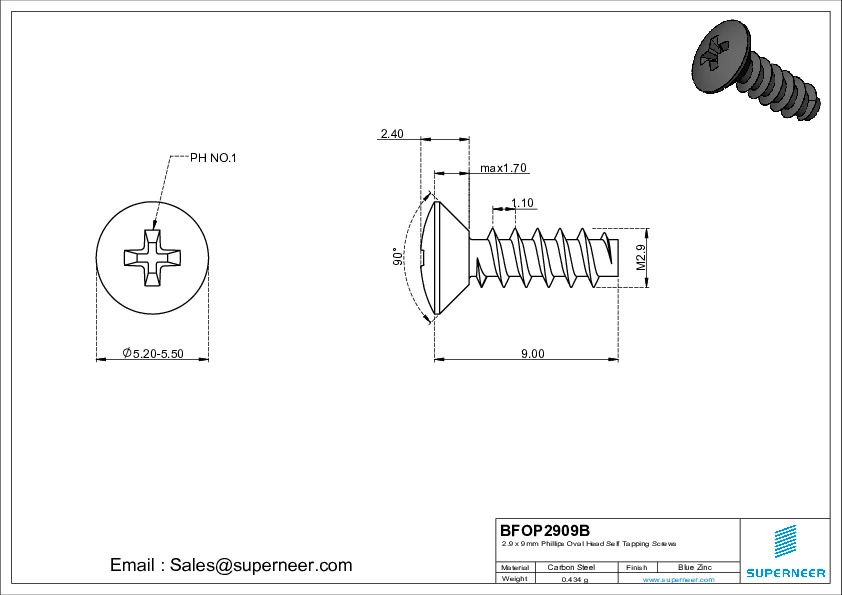 2.9 x 9mm Phillips Oval Head Self Tapping Screws Steel Black Zinc Plated