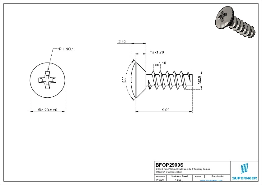 2.9 x 9mm Phillips Oval Head Self Tapping Screws SUS304 Stainless Steel Inox