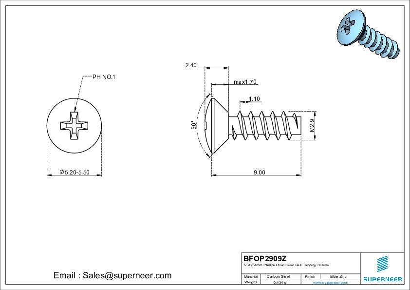 2.9 x 9mm Phillips Oval Head Self Tapping Screws Steel Blue Zinc Plated