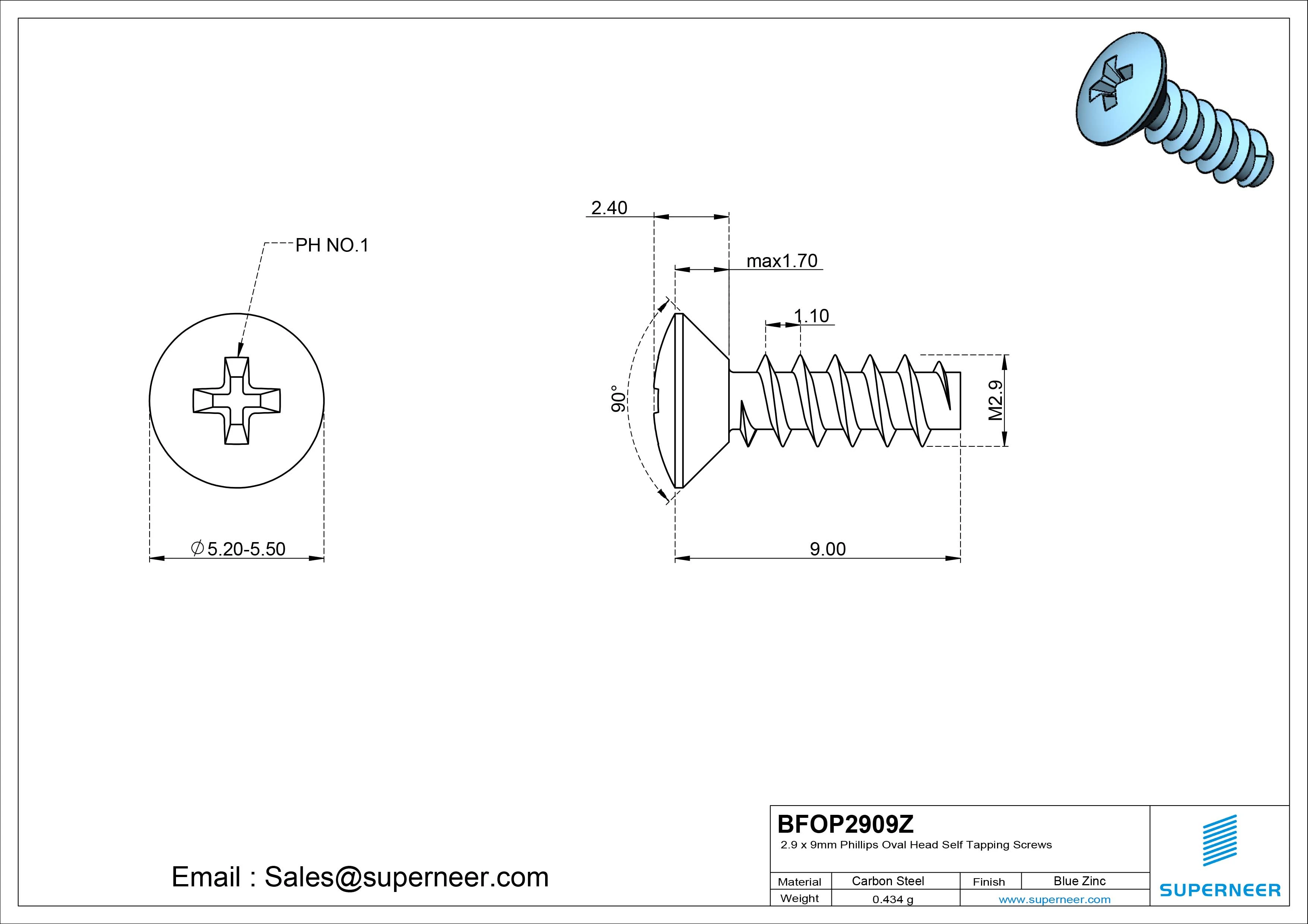 2.9 x 9mm Phillips Oval Head Self Tapping Screws Steel Blue Zinc Plated