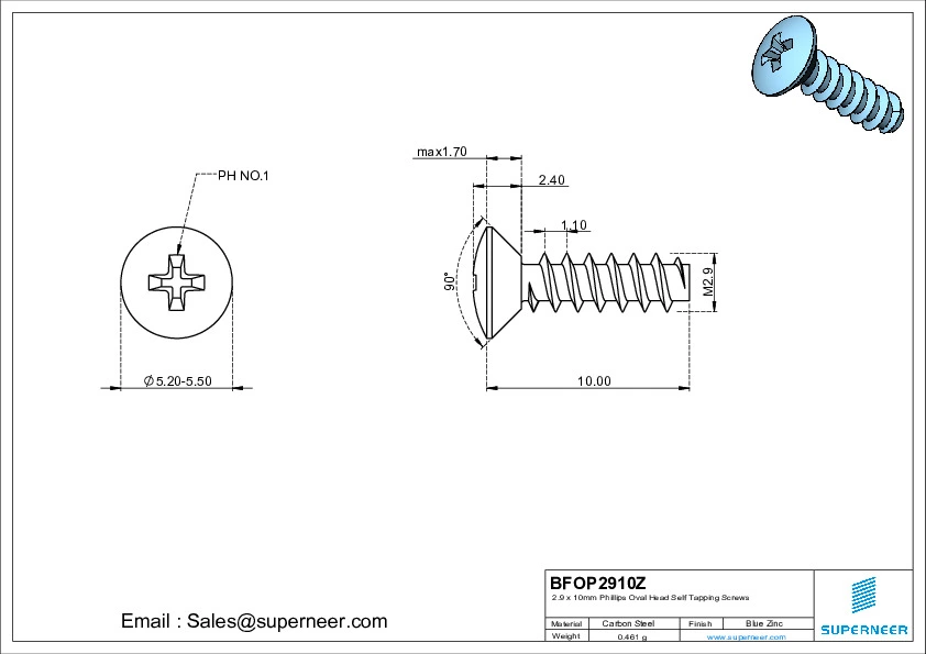 2.9 x 10mm Phillips Oval Head Self Tapping Screws Steel Blue Zinc Plated