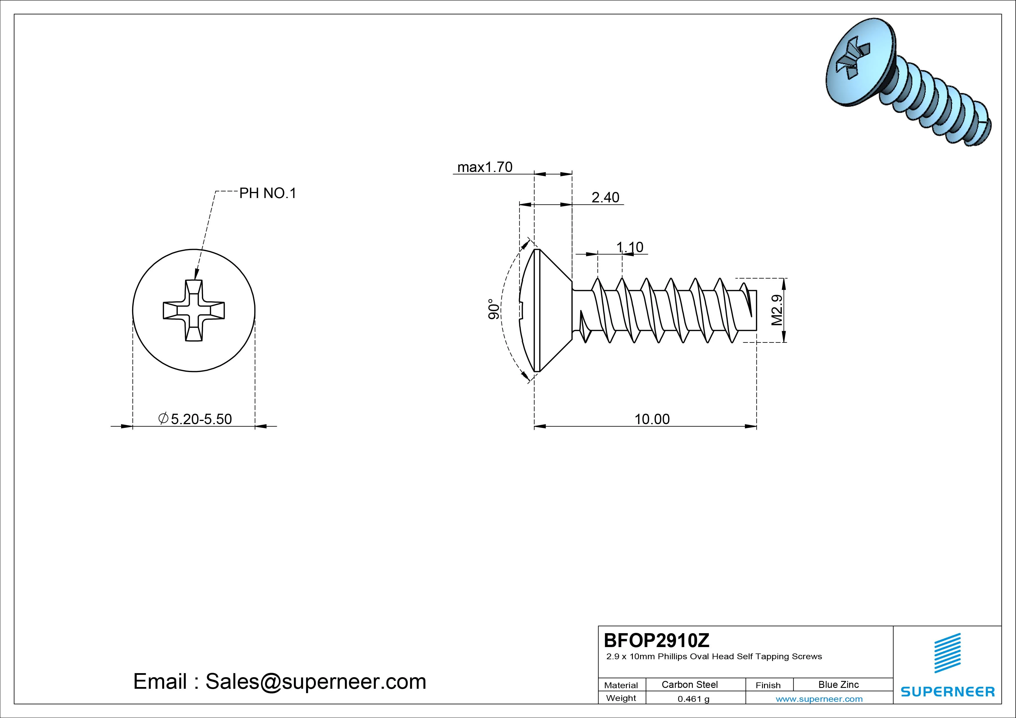 2.9 x 10mm Phillips Oval Head Self Tapping Screws Steel Blue Zinc Plated