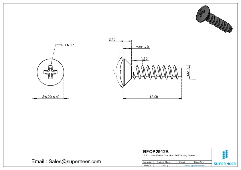 2.9 x 12mm Phillips Oval Head Self Tapping Screws Steel Black Zinc Plated