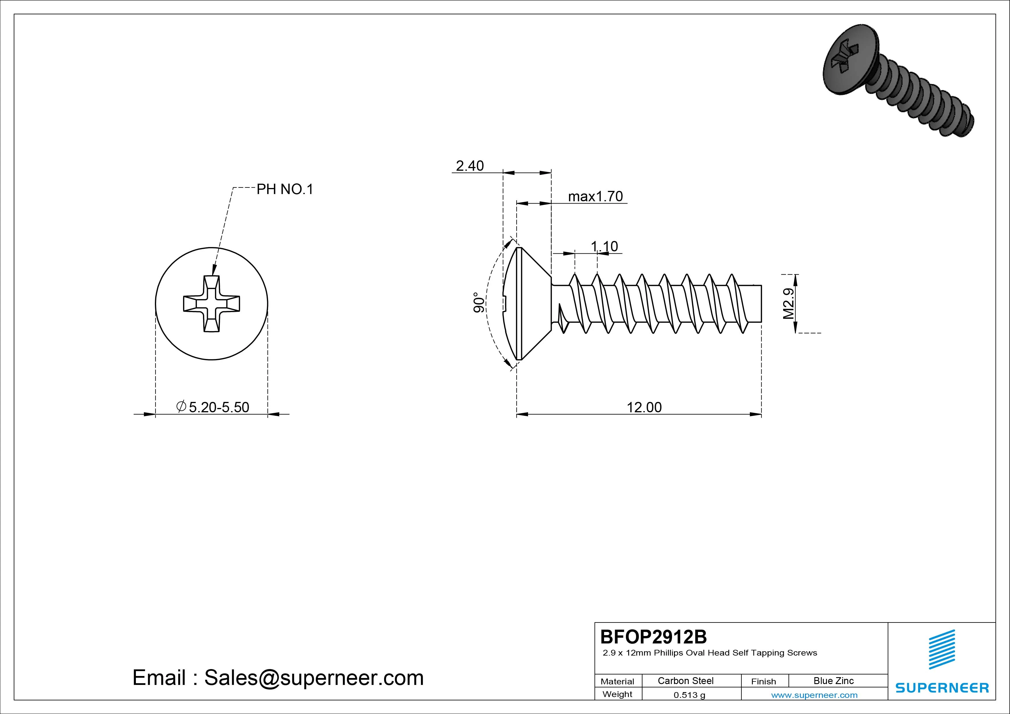 2.9 x 12mm Phillips Oval Head Self Tapping Screws Steel Black Zinc Plated