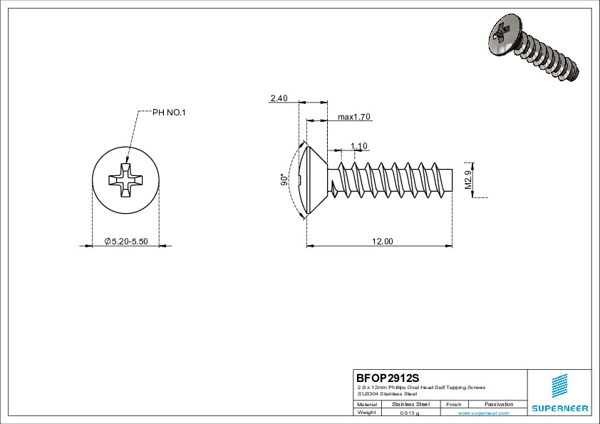 2.9 x 12mm Phillips Oval Head Self Tapping Screws SUS304 Stainless Steel Inox