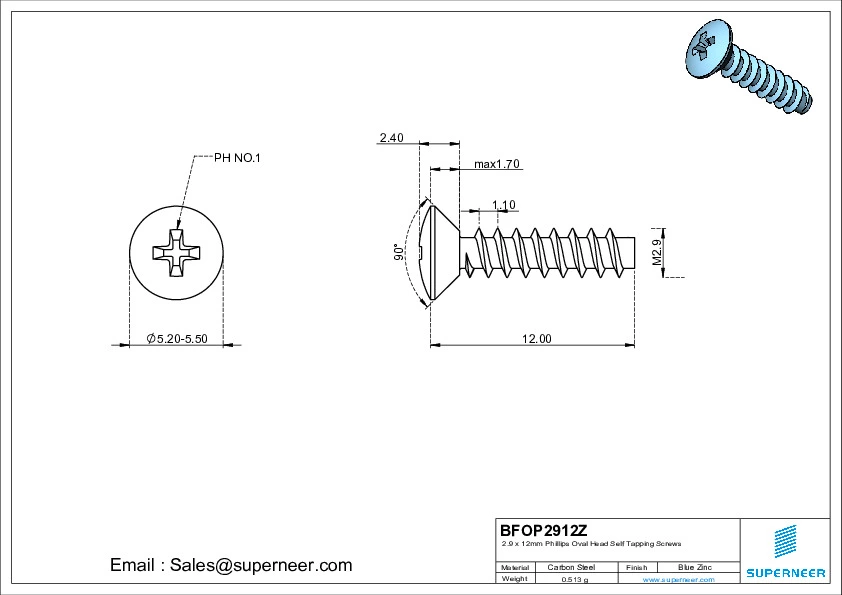 2.9 x 12mm Phillips Oval Head Self Tapping Screws Steel Blue Zinc Plated