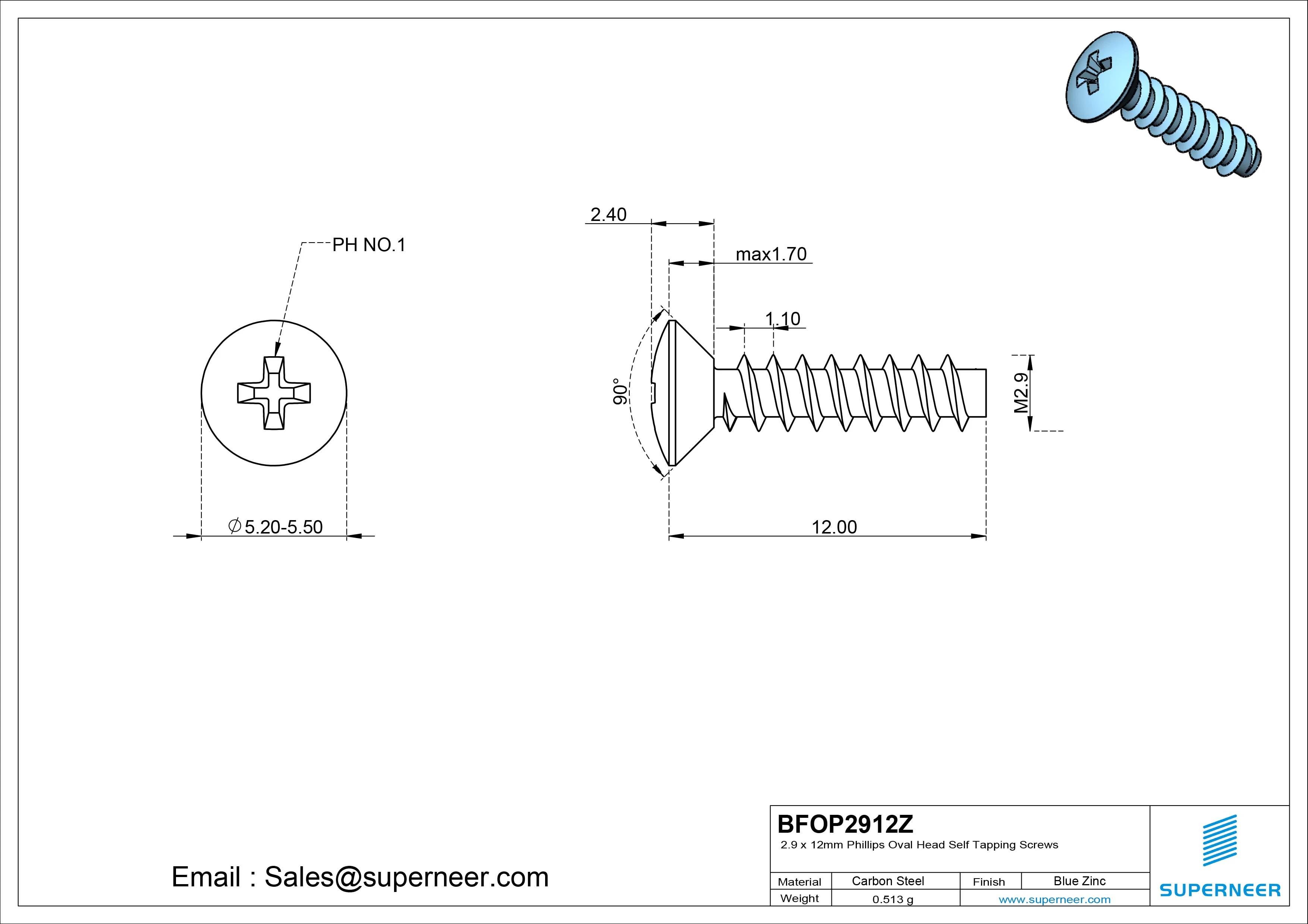 2.9 x 12mm Phillips Oval Head Self Tapping Screws Steel Blue Zinc Plated