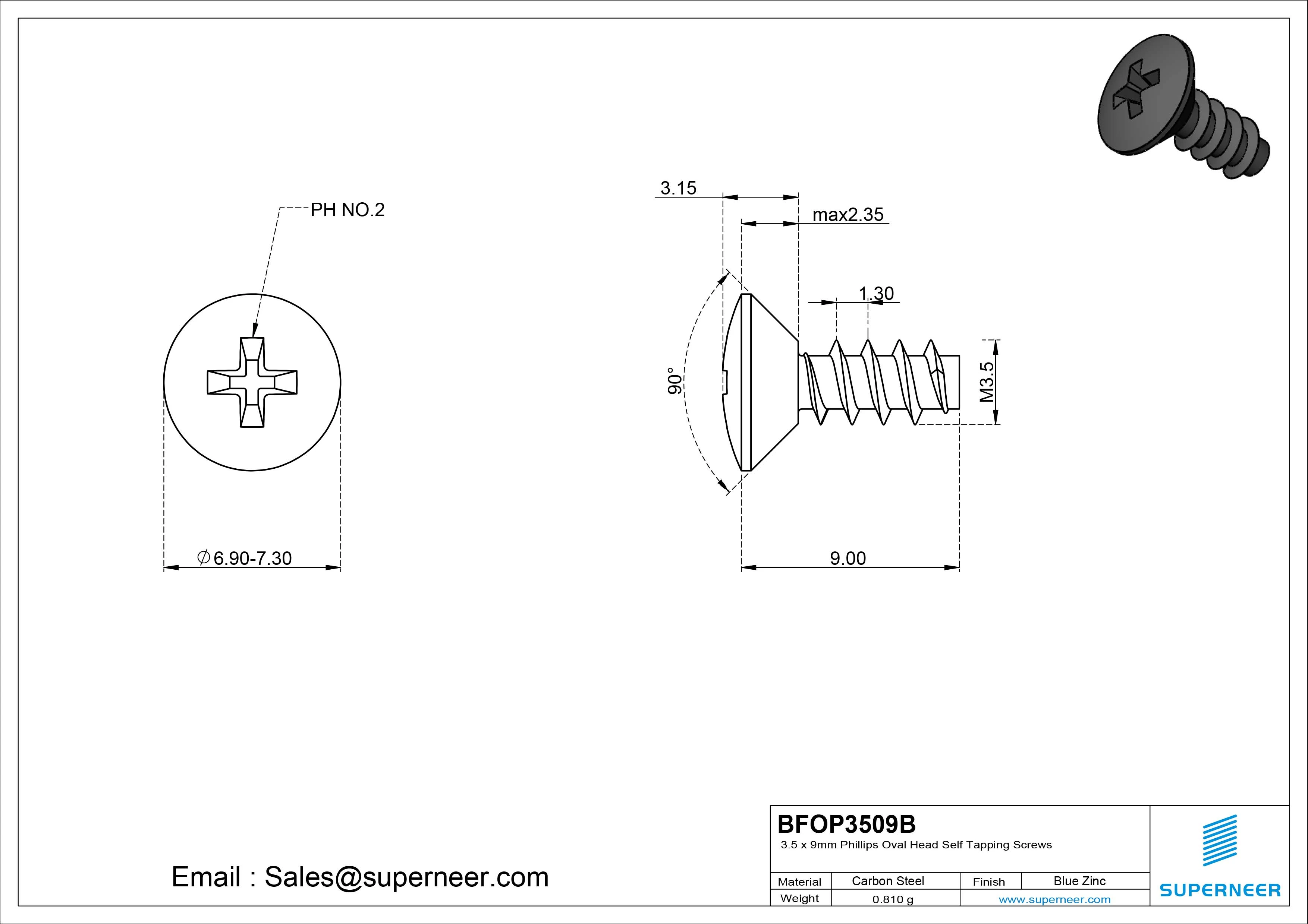 3.5 x 9mm Phillips Oval Head Self Tapping Screws Steel Black Zinc Plated