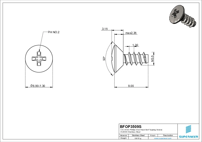 3.5 x 9mm Phillips Oval Head Self Tapping Screws SUS304 Stainless Steel Inox