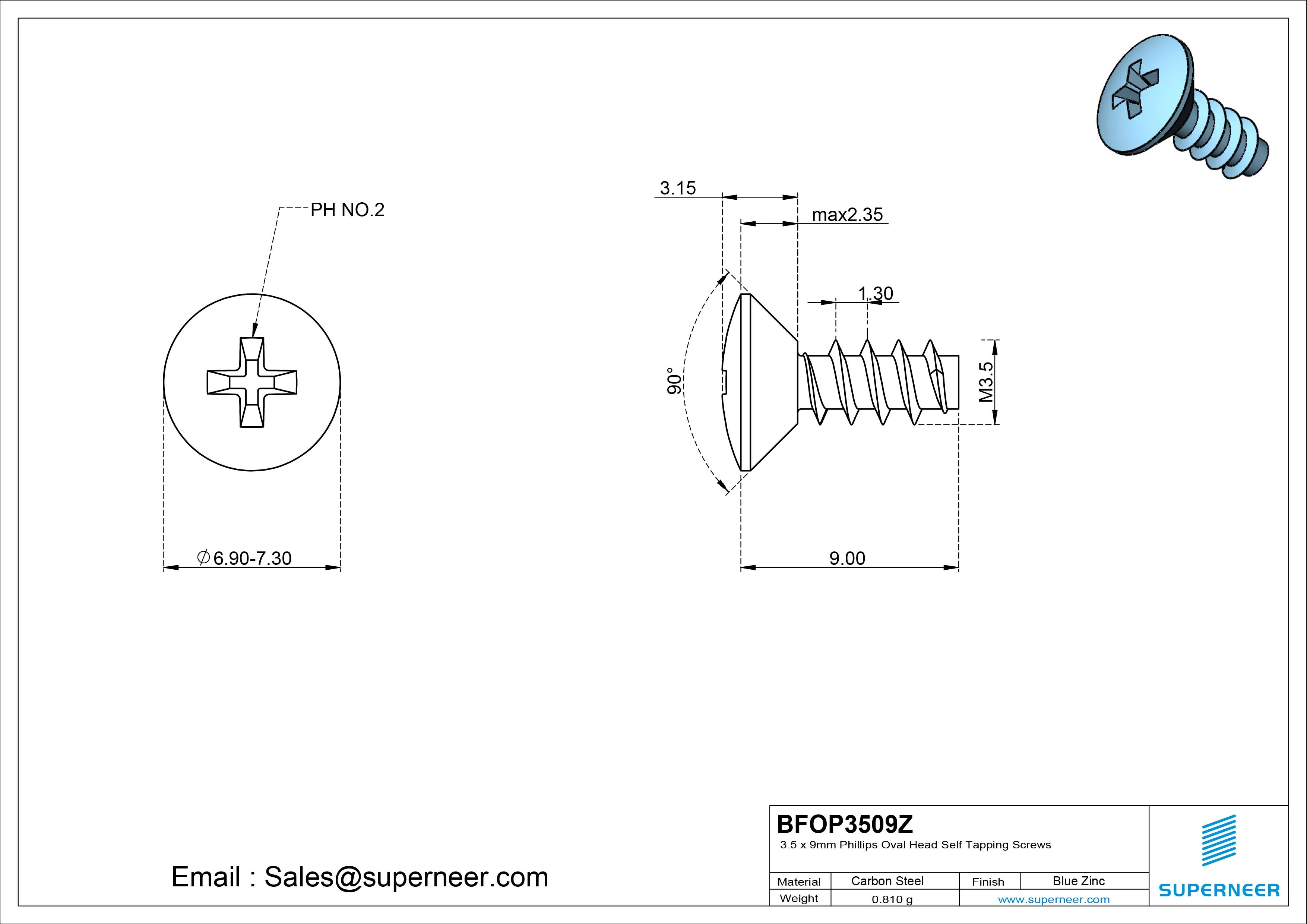 3.5 x 9mm Phillips Oval Head Self Tapping Screws Steel Blue Zinc Plated