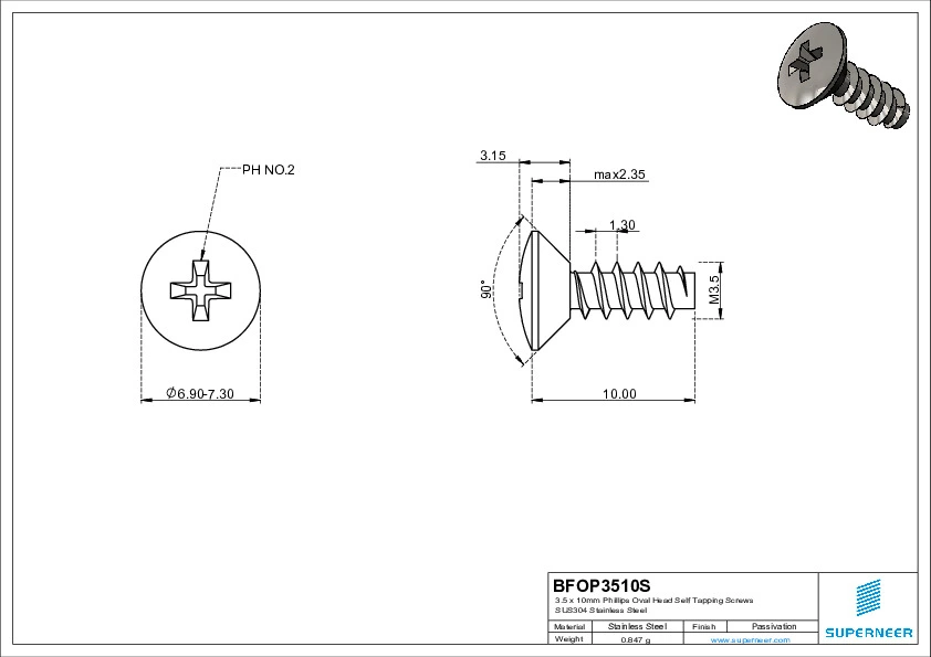 3.5 x 10mm Phillips Oval Head Self Tapping Screws SUS304 Stainless Steel Inox