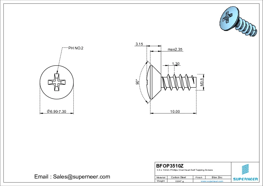 3.5 x 10mm Phillips Oval Head Self Tapping Screws Steel Blue Zinc Plated