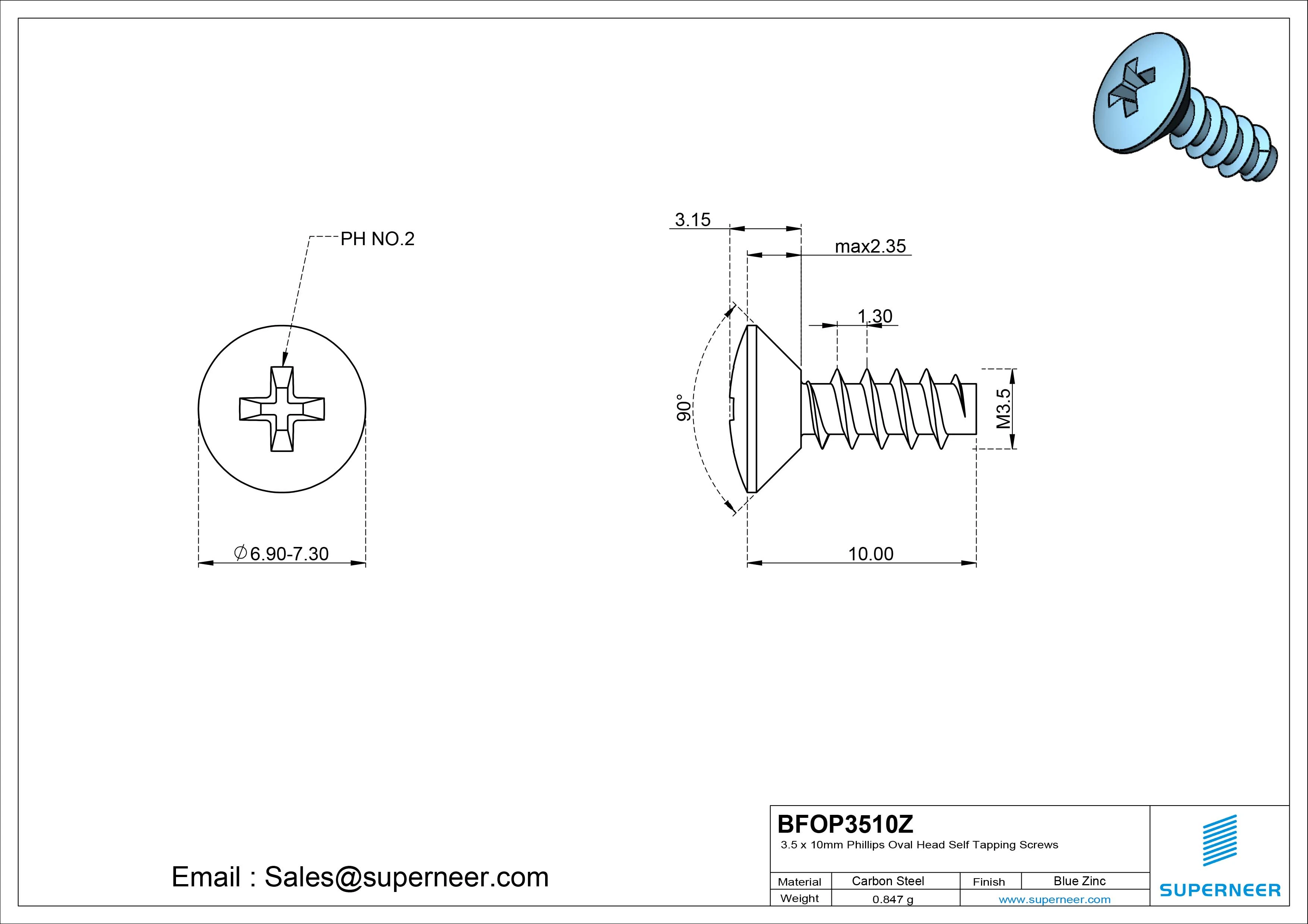 3.5 x 10mm Phillips Oval Head Self Tapping Screws Steel Blue Zinc Plated