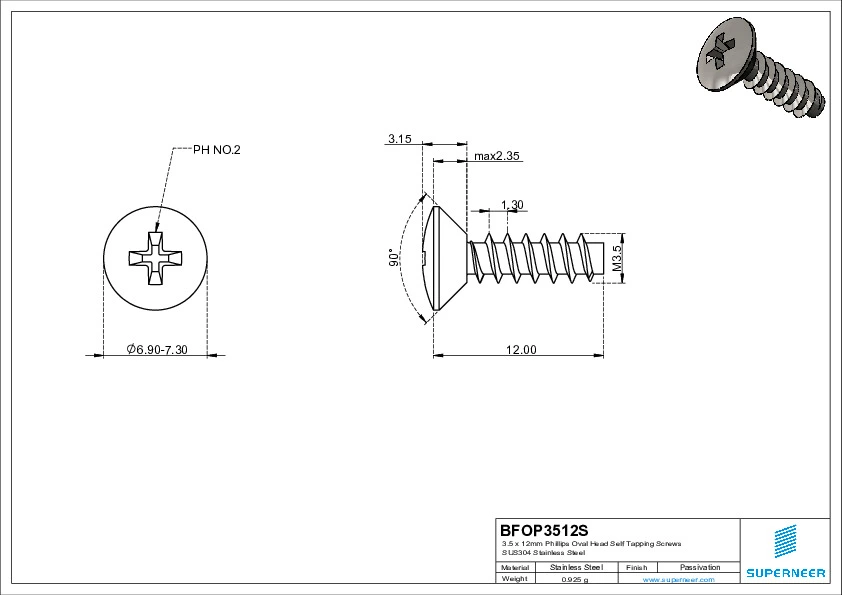 3.5 x 12mm Phillips Oval Head Self Tapping Screws SUS304 Stainless Steel Inox