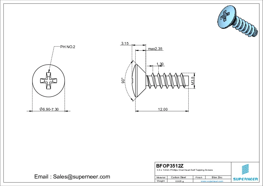 3.5 x 12mm Phillips Oval Head Self Tapping Screws Steel Blue Zinc Plated