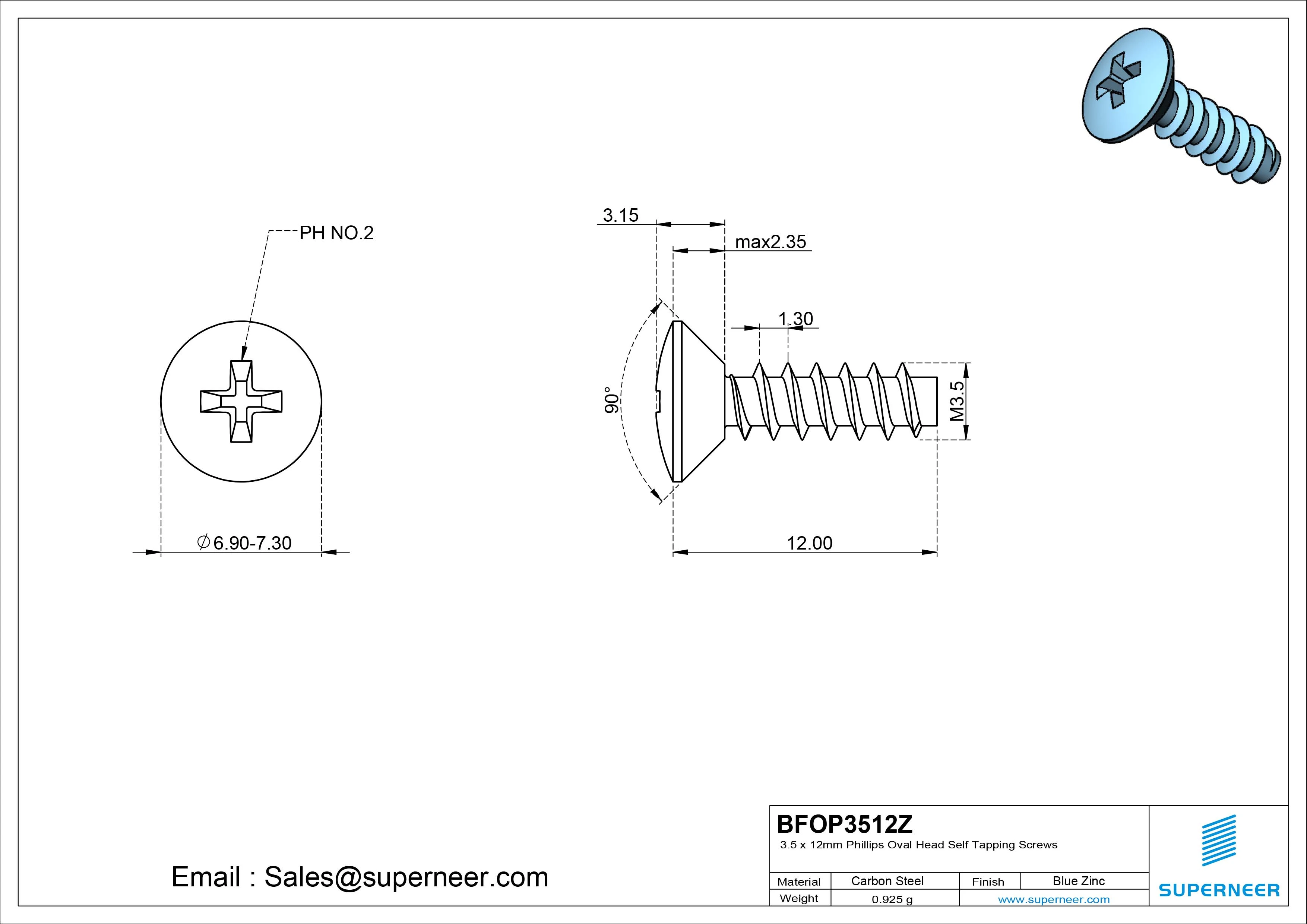 3.5 x 12mm Phillips Oval Head Self Tapping Screws Steel Blue Zinc Plated