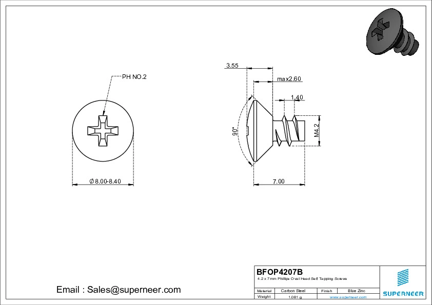 4.2 x 7mm Phillips Oval Head Self Tapping Screws Steel Black Zinc Plated