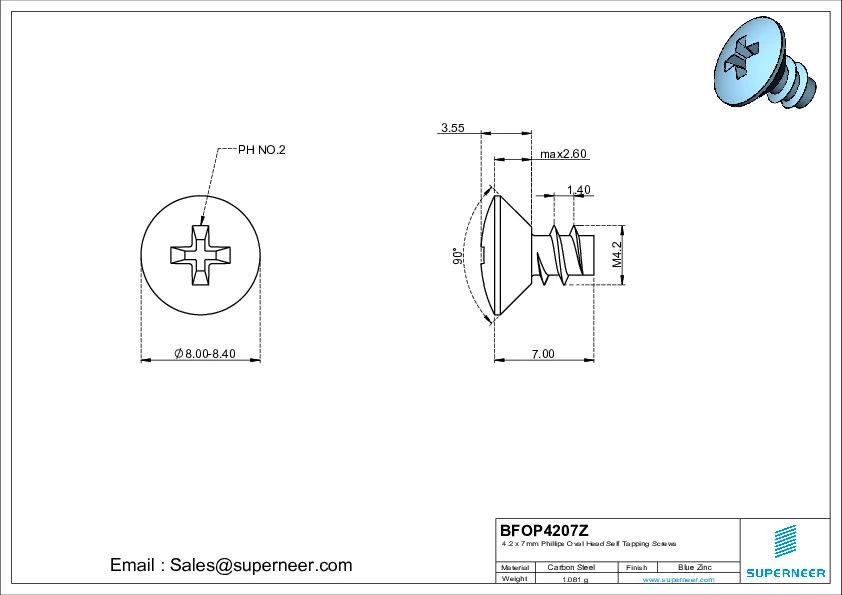 4.2 x 7mm Phillips Oval Head Self Tapping Screws Steel Blue Zinc Plated