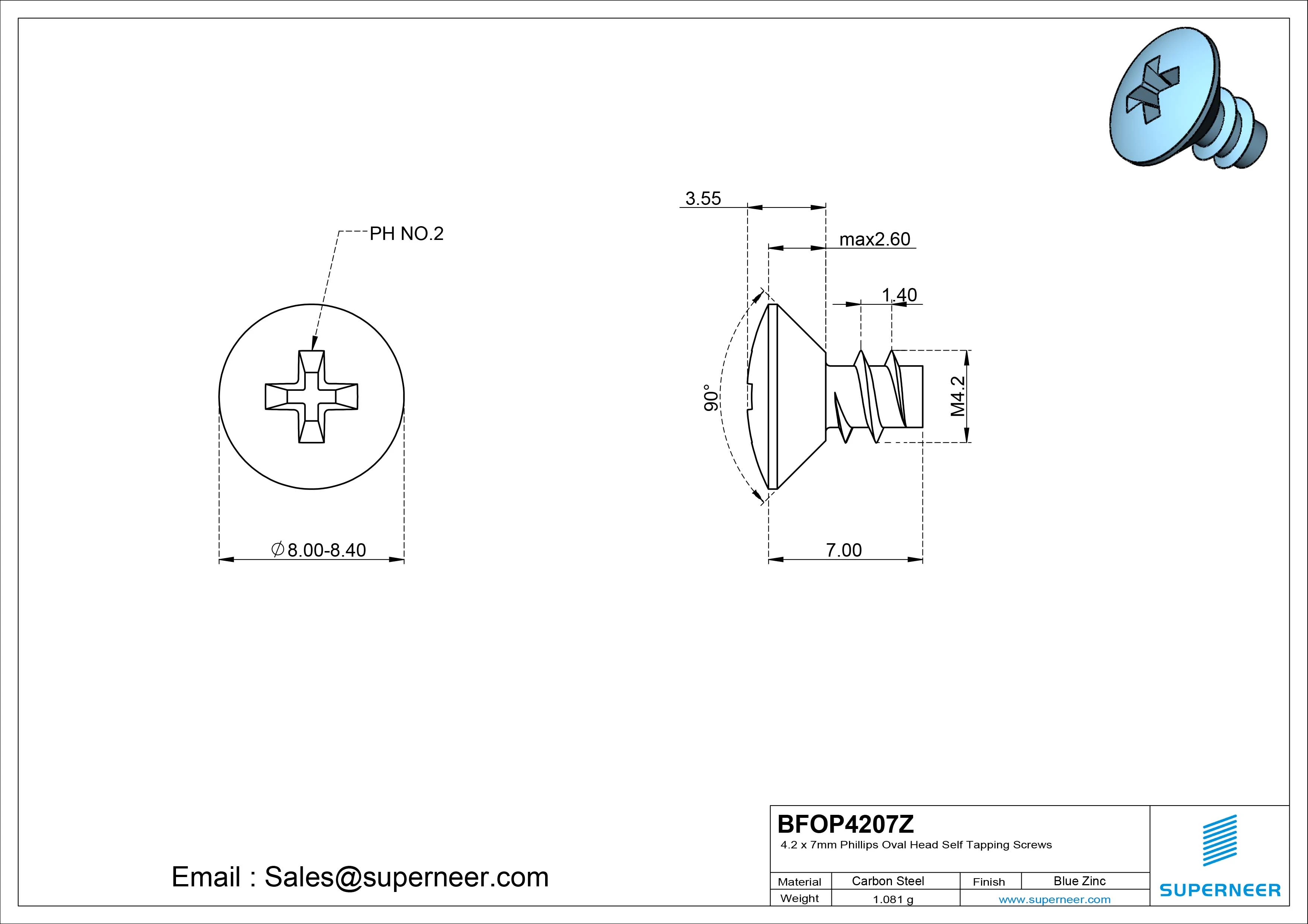 4.2 x 7mm Phillips Oval Head Self Tapping Screws Steel Blue Zinc Plated