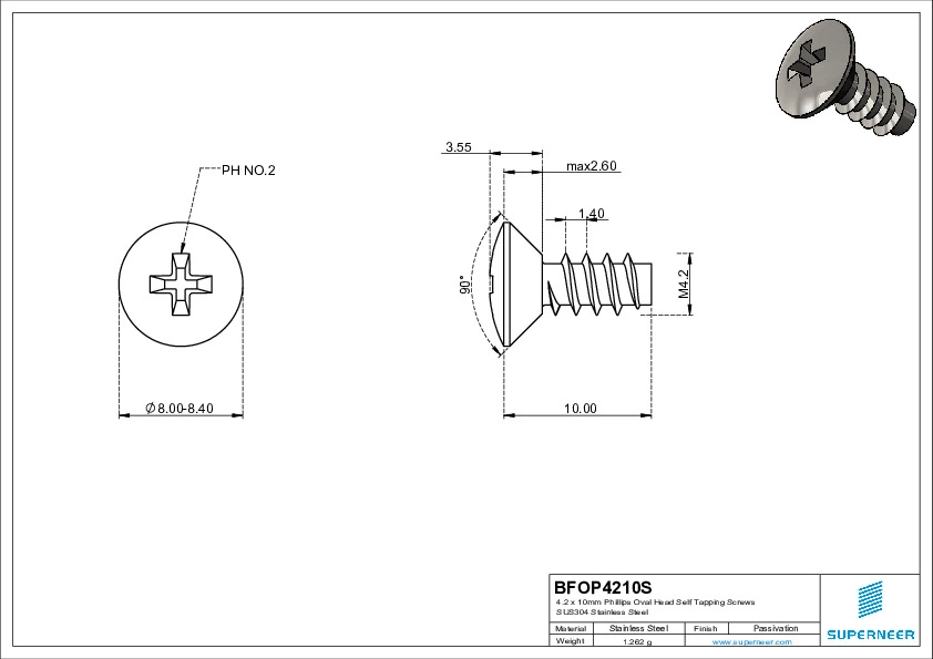 4.2 x 10mm Phillips Oval Head Self Tapping Screws SUS304 Stainless Steel Inox