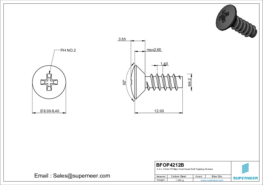 4.2 x 12mm Phillips Oval Head Self Tapping Screws Steel Black Zinc Plated