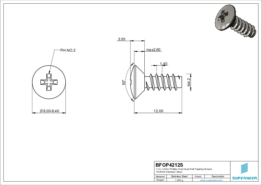 4.2 x 12mm Phillips Oval Head Self Tapping Screws SUS304 Stainless Steel Inox