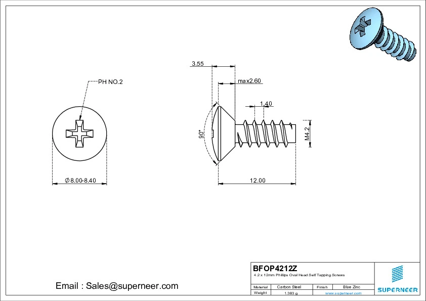 4.2 x 12mm Phillips Oval Head Self Tapping Screws Steel Blue Zinc Plated