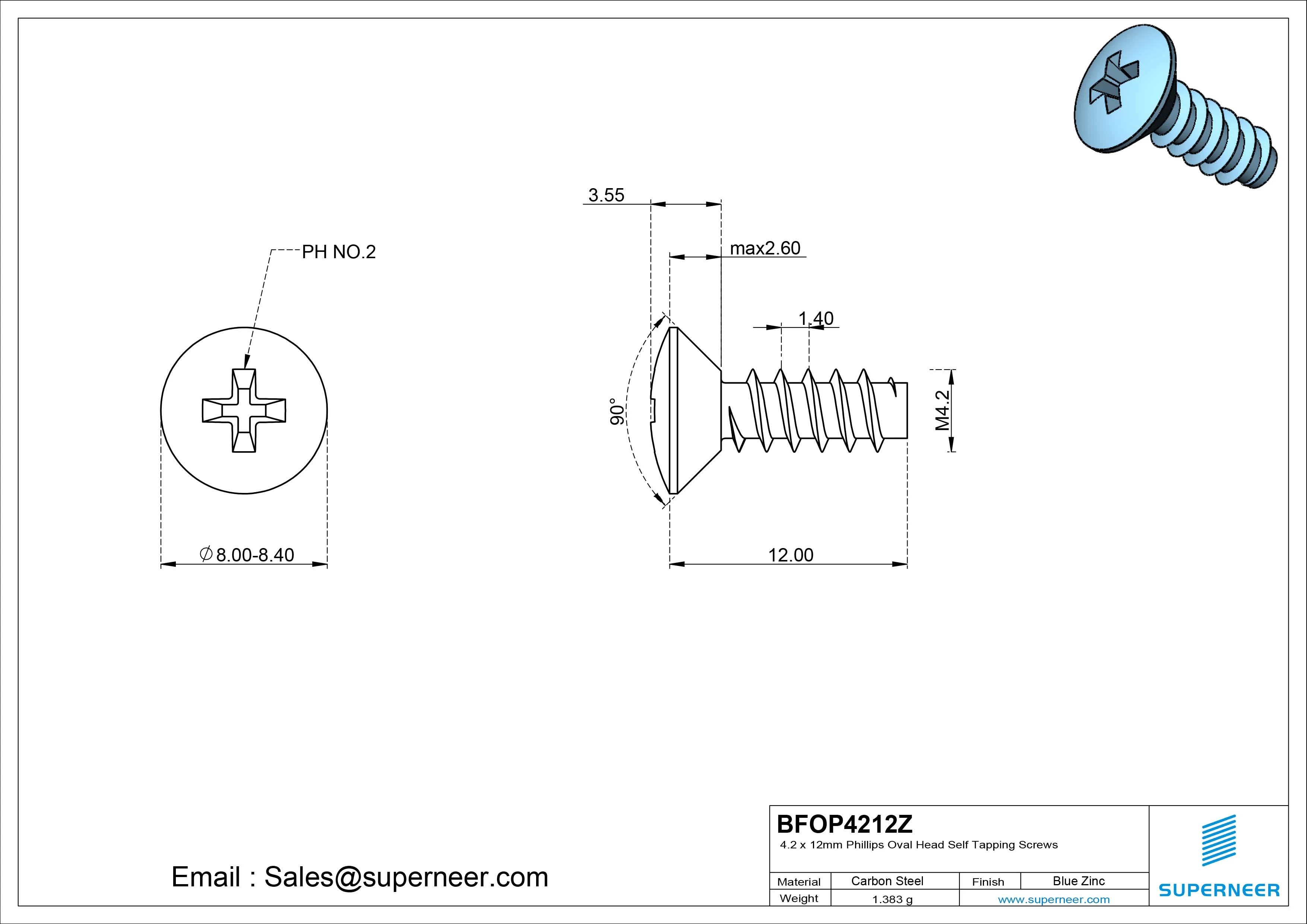 4.2 x 12mm Phillips Oval Head Self Tapping Screws Steel Blue Zinc Plated