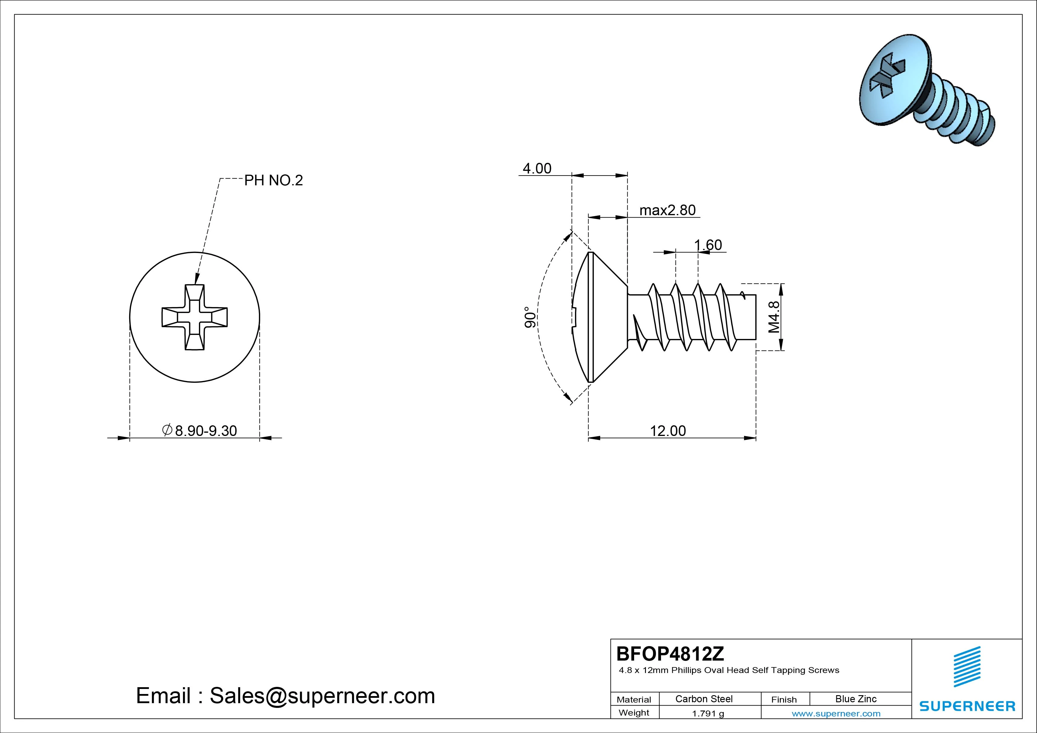 4.8 x 12mm Phillips Oval Head Self Tapping Screws Steel Blue Zinc Plated