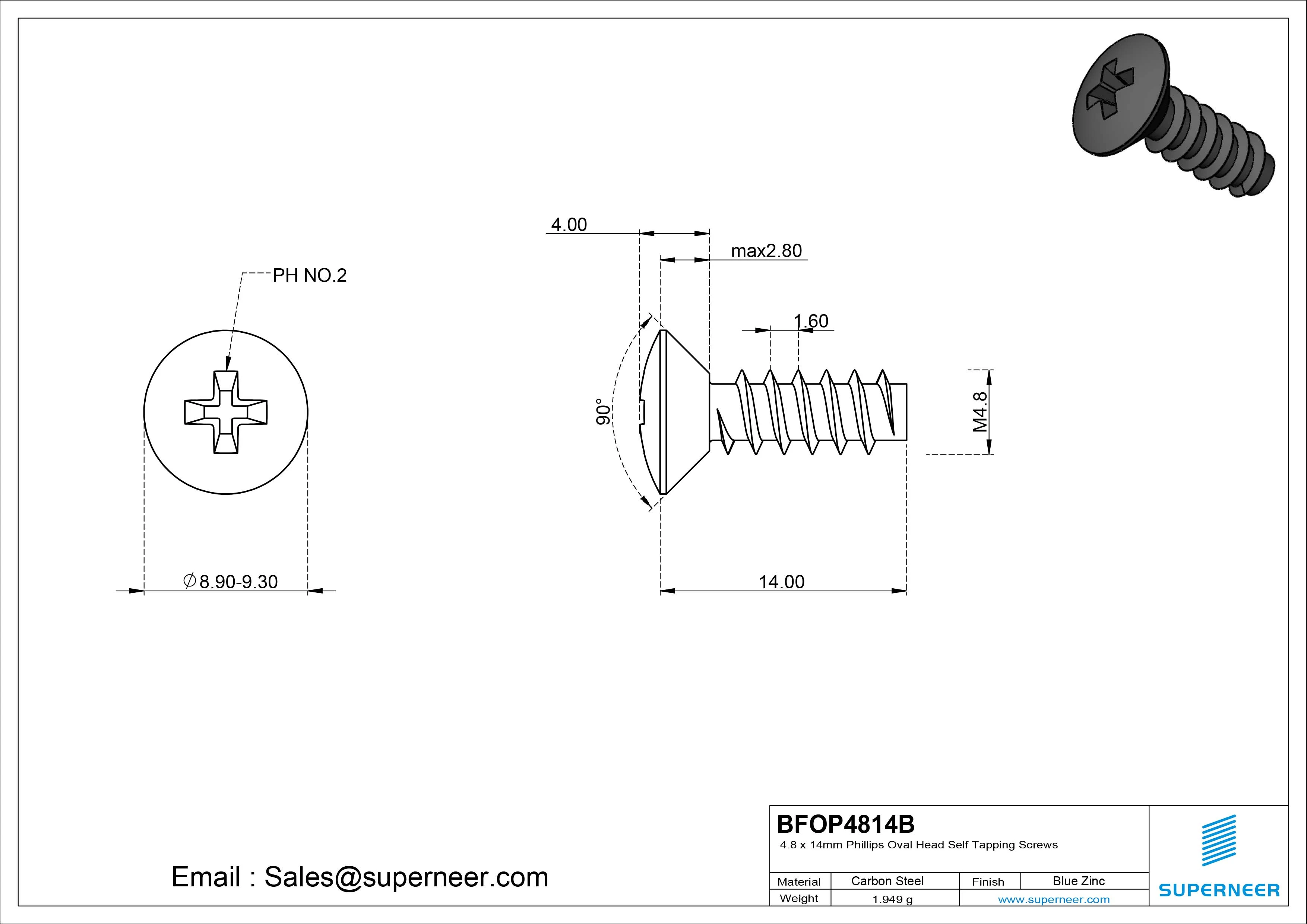 4.8 x 14mm Phillips Oval Head Self Tapping Screws Steel Black Zinc Plated