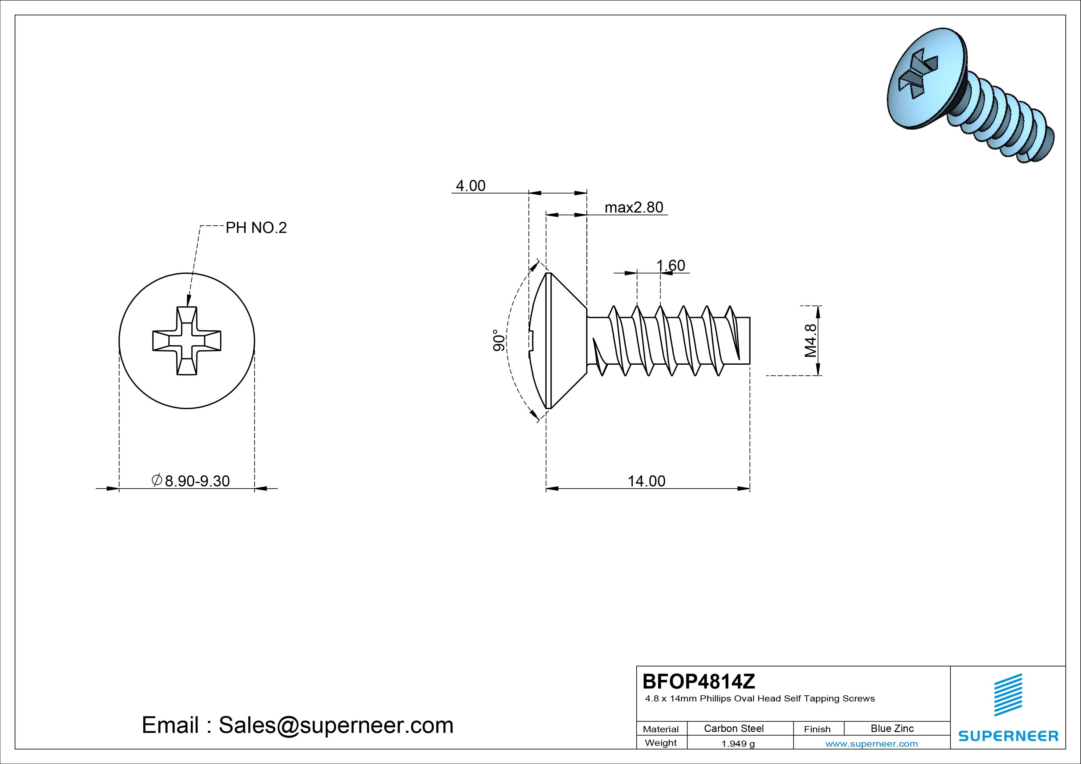 4.8 x 14mm Phillips Oval Head Self Tapping Screws Steel Blue Zinc Plated