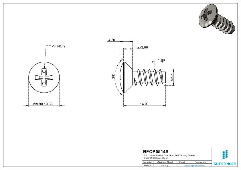 5.5 x 14mm Phillips Oval Head Self Tapping Screws SUS304 Stainless Steel Inox