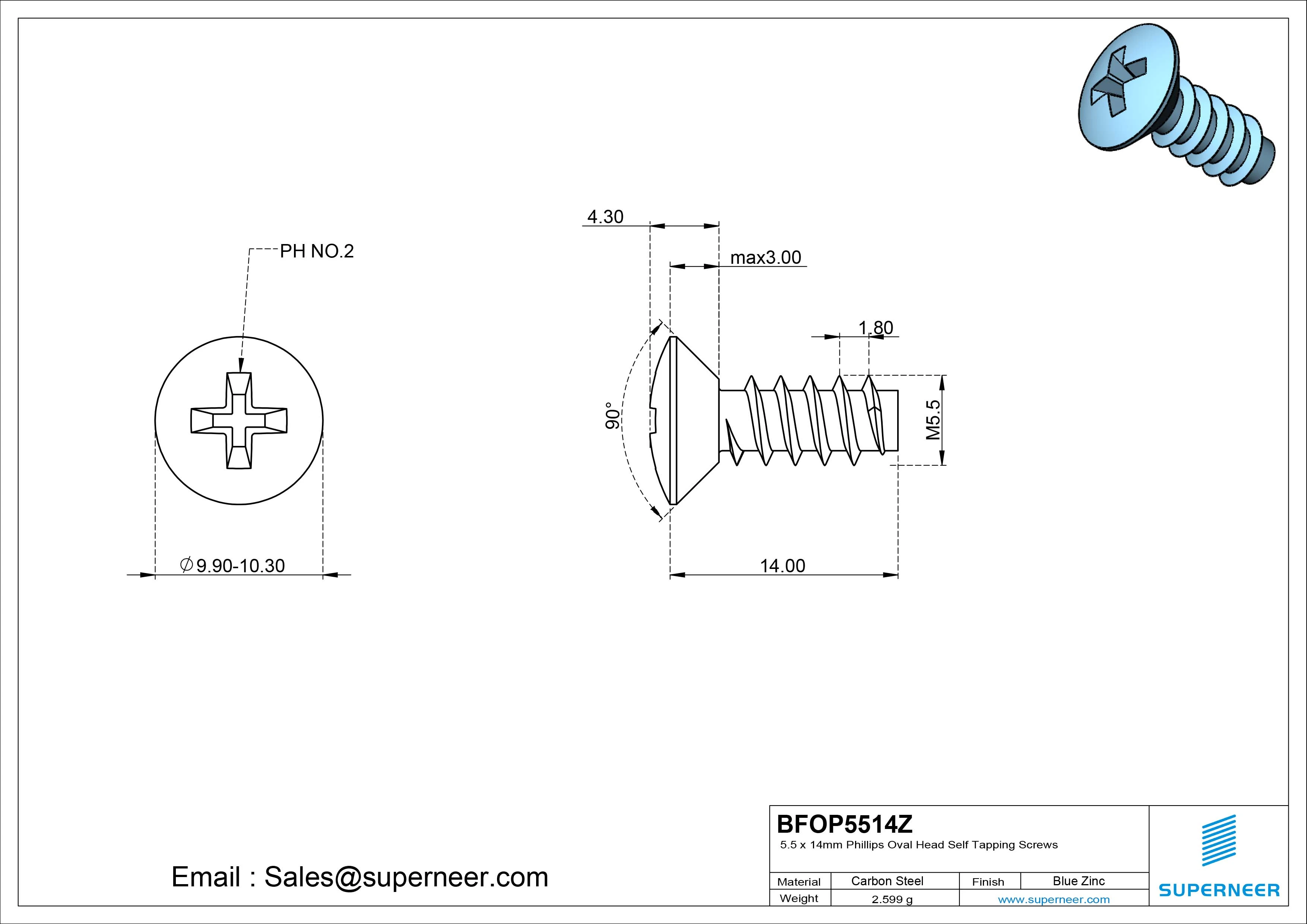 5.5 x 14mm Phillips Oval Head Self Tapping Screws Steel Blue Zinc Plated