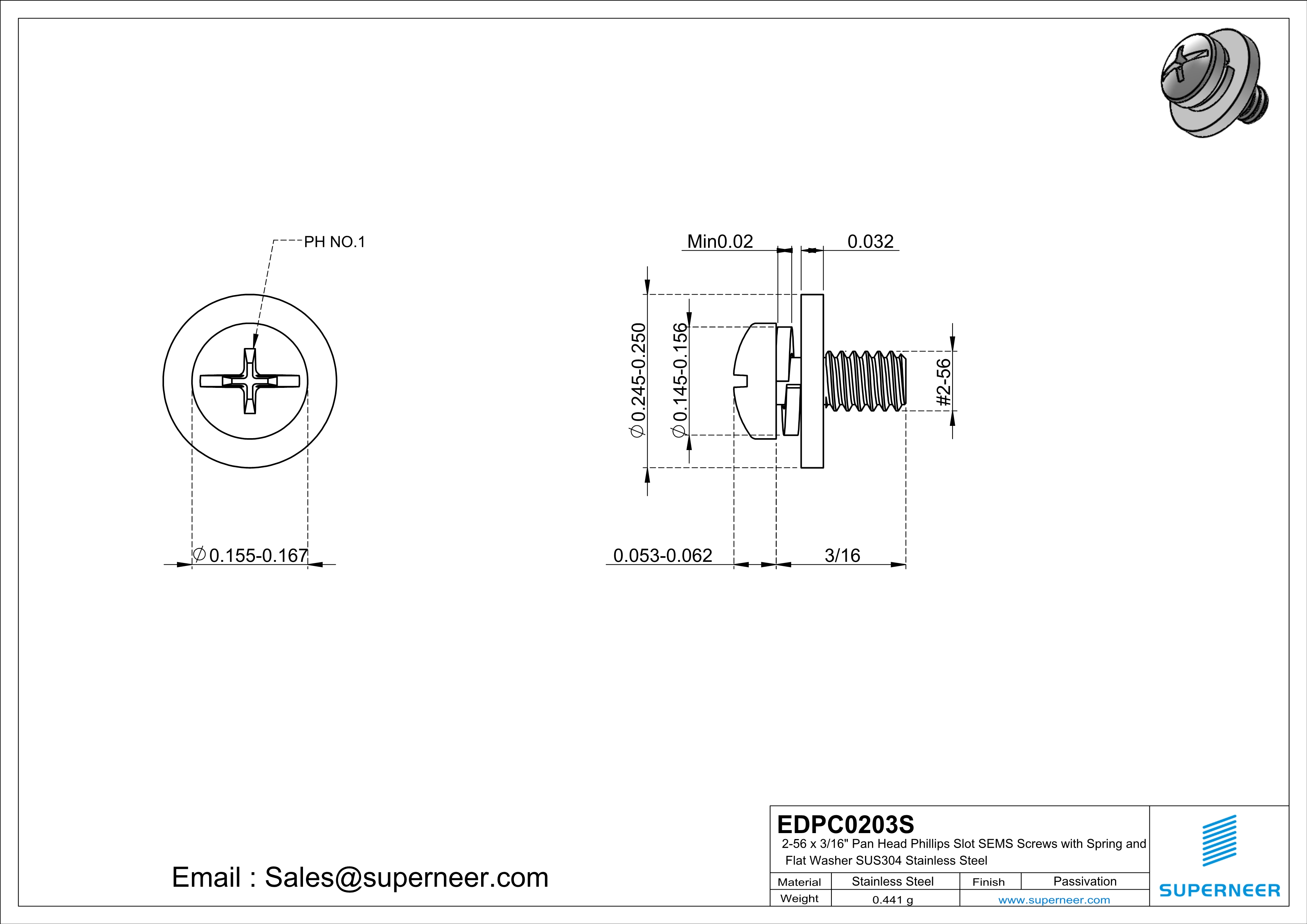 2-56 x 3/16" Pan Head Phillips Slot SEMS Screws with Spring and Flat Washer SUS304 Stainless Steel Inox