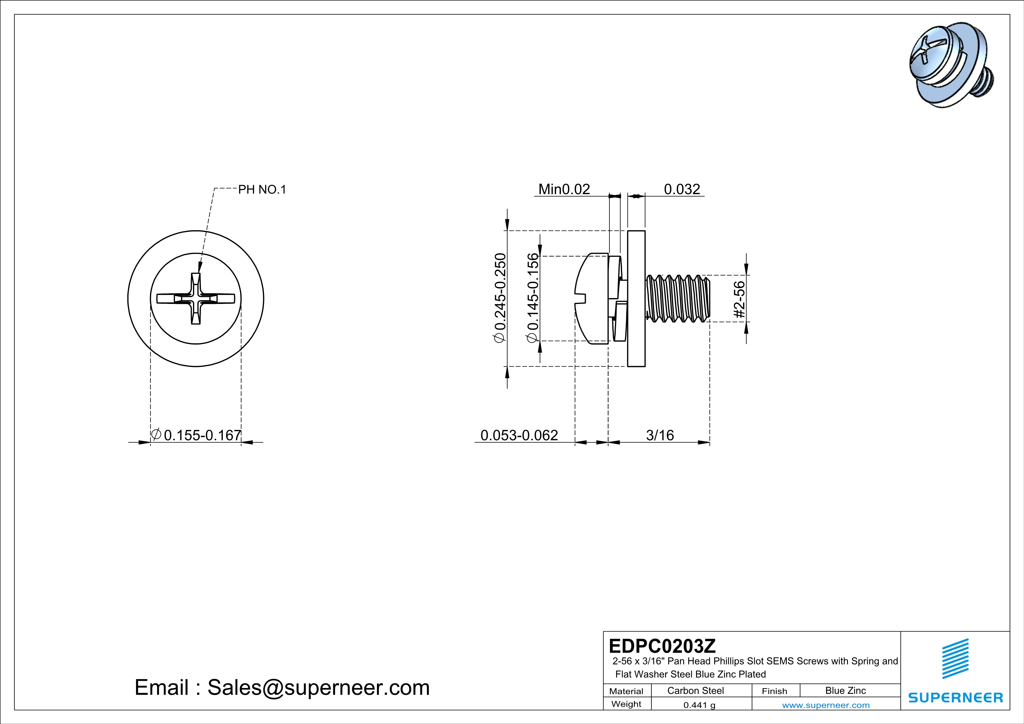 2-56 x 3/16" Pan Head Phillips Slot SEMS Screws with Spring and Flat Washer Steel Blue Zinc Plated