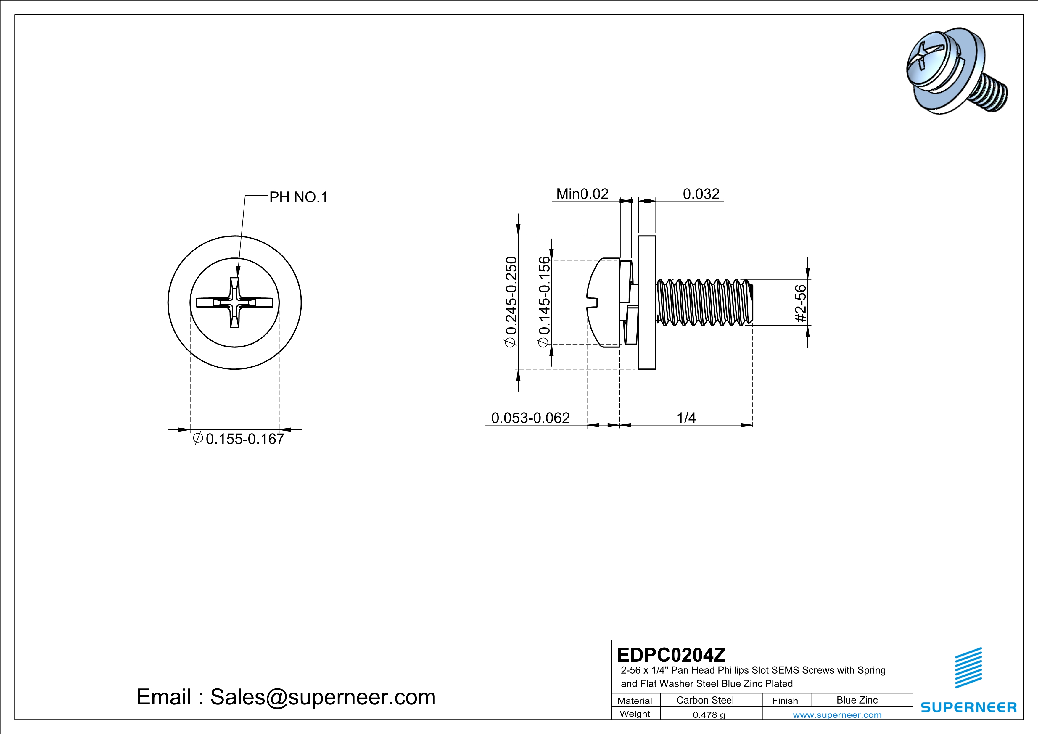 2-56 x 1/4" Pan Head Phillips Slot SEMS Screws with Spring and Flat Washer Steel Blue Zinc Plated