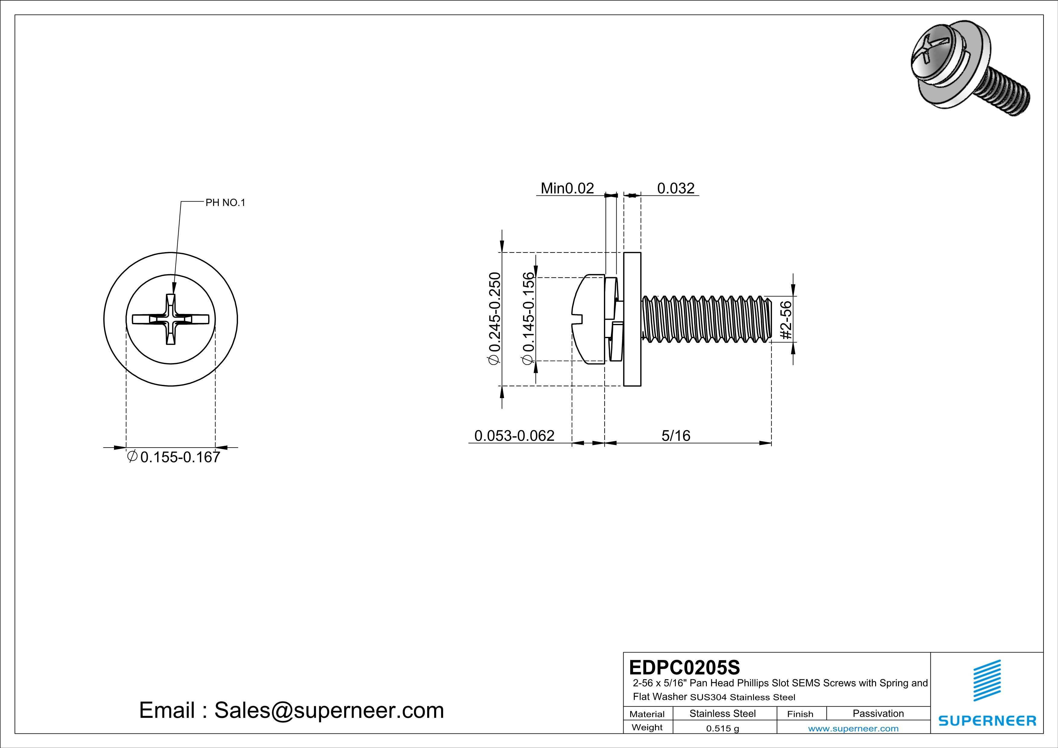 2-56 x 5/16" Pan Head Phillips Slot SEMS Screws with Spring and Flat Washer SUS304 Stainless Steel Inox