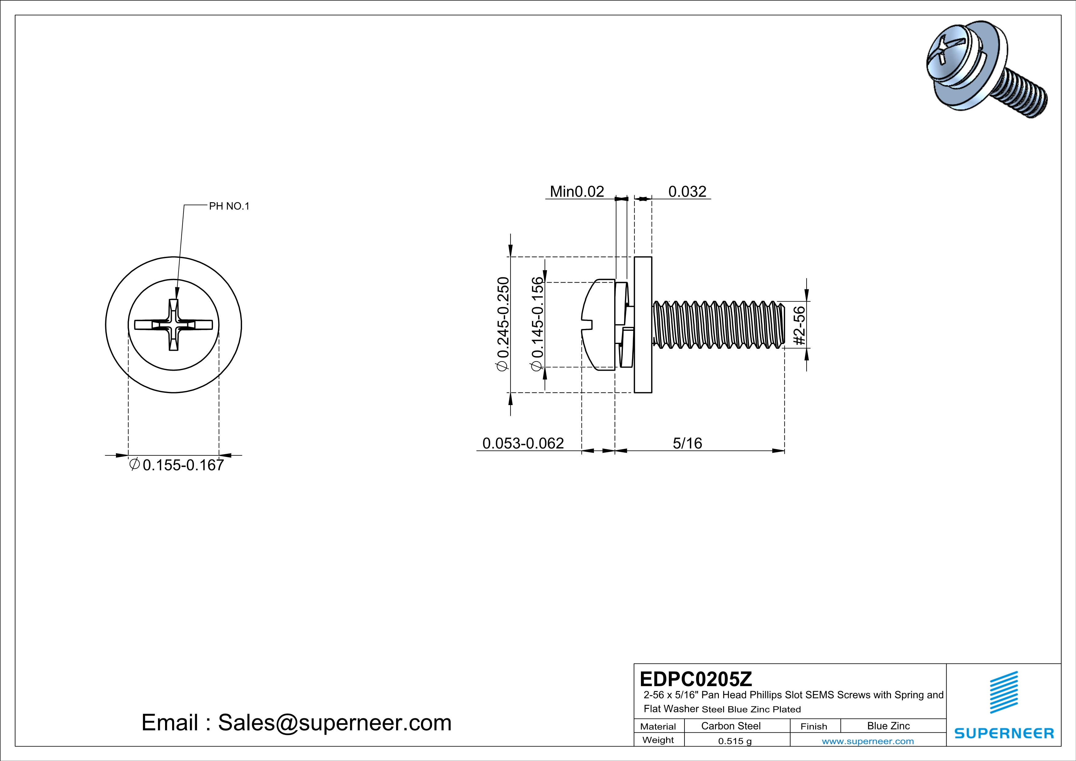 2-56 x 5/16" Pan Head Phillips Slot SEMS Screws with Spring and Flat Washer Steel Blue Zinc Plated