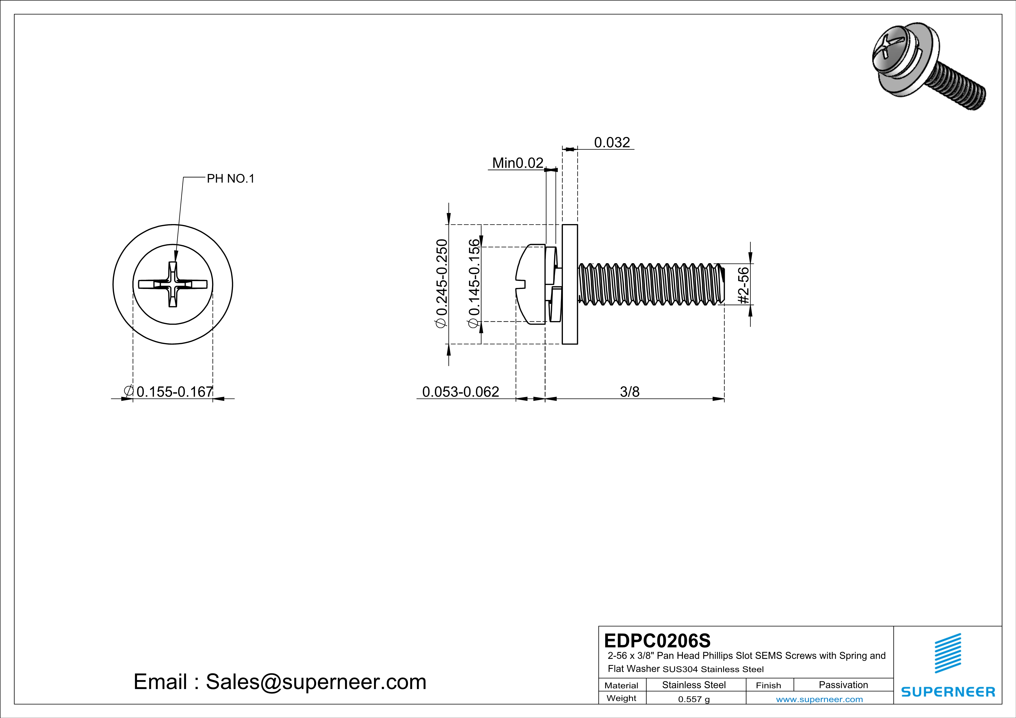 2-56 x 3/8" Pan Head Phillips Slot SEMS Screws with Spring and Flat Washer SUS304 Stainless Steel Inox