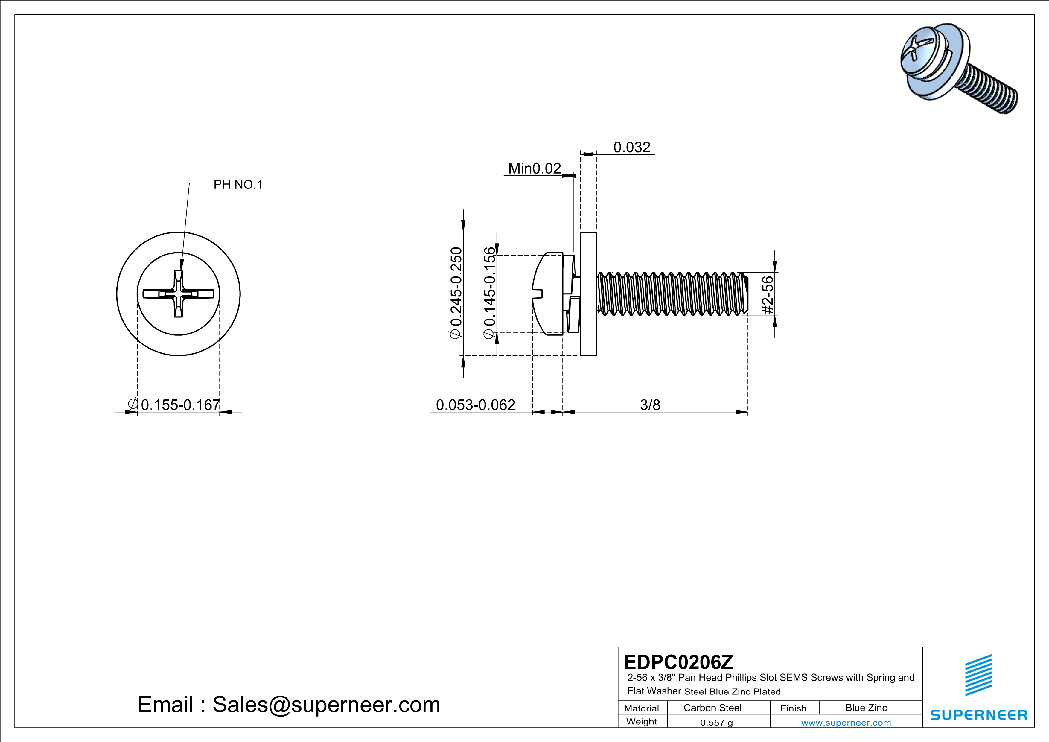 2-56 x 3/8" Pan Head Phillips Slot SEMS Screws with Spring and Flat Washer Steel Blue Zinc Plated