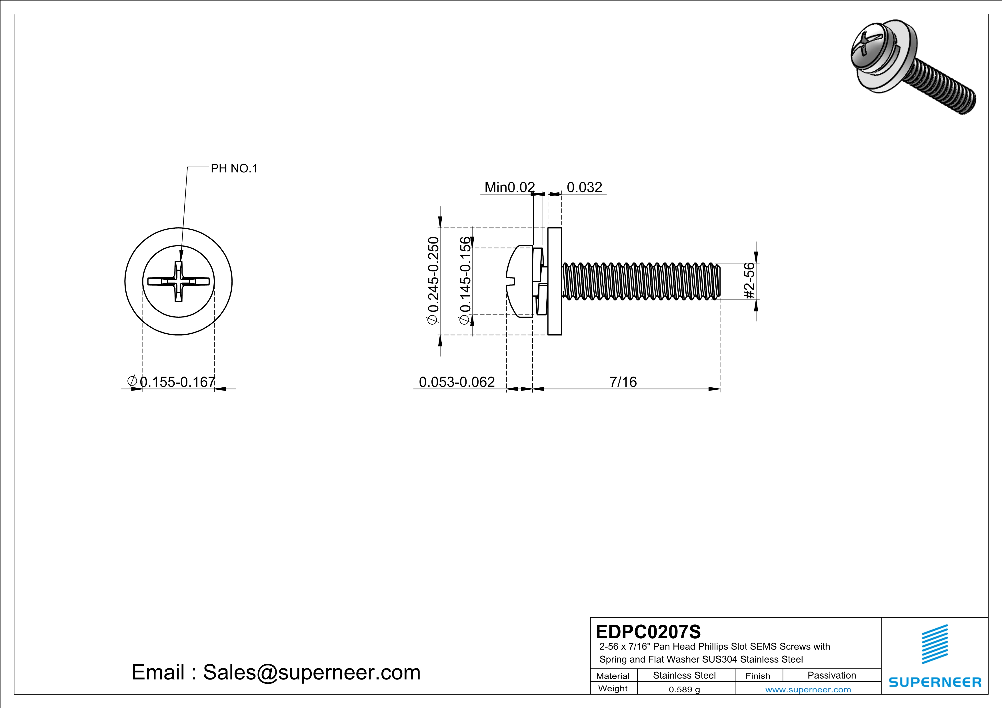 2-56 x 7/16" Pan Head Phillips Slot SEMS Screws with Spring and Flat Washer SUS304 Stainless Steel Inox