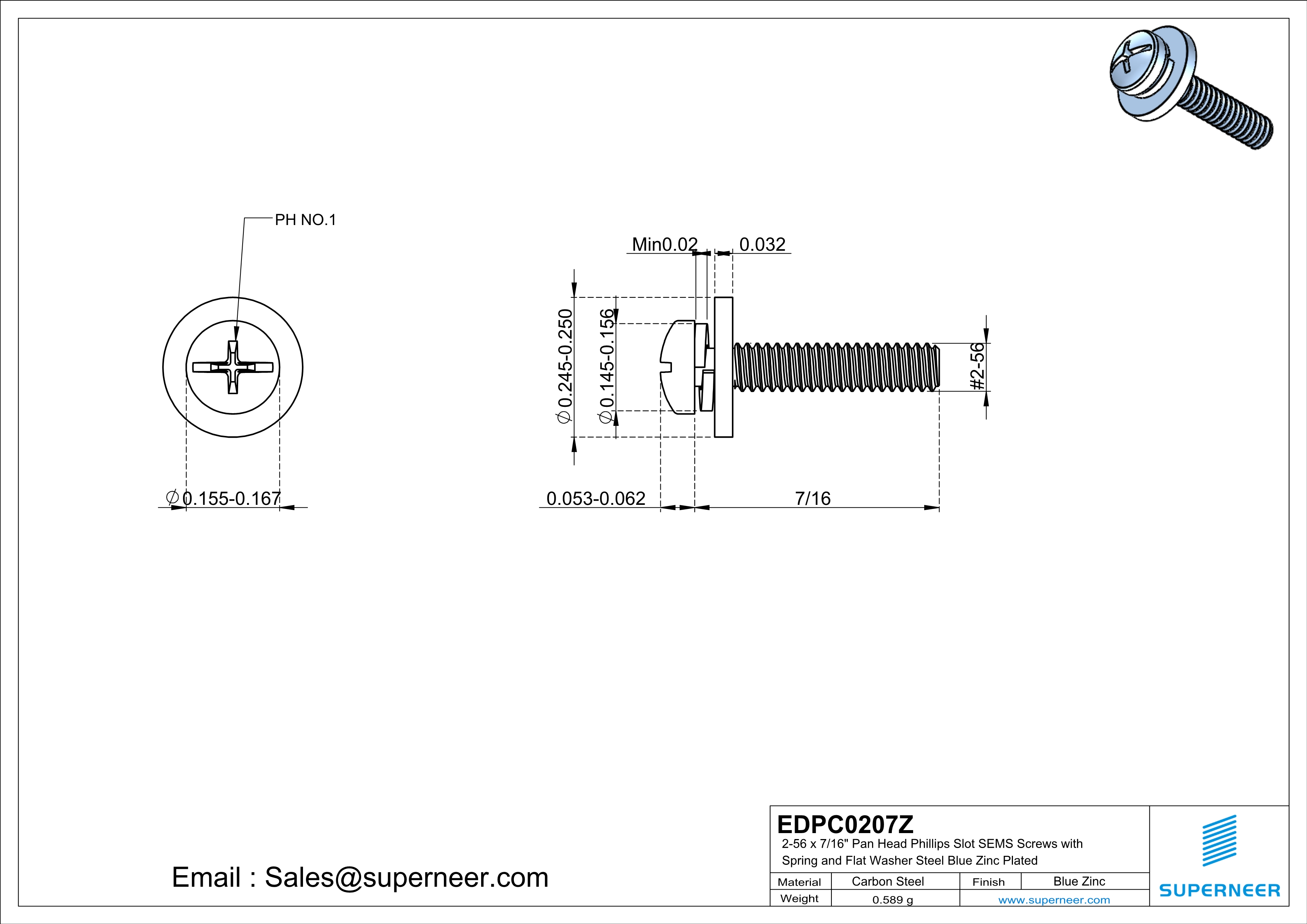 2-56 x 7/16" Pan Head Phillips Slot SEMS Screws with Spring and Flat Washer Steel Blue Zinc Plated